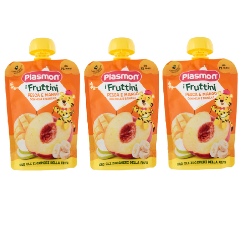 3x Plasmon I Fruttini Pesca e Mango con mela e banana Peach and Mango snack with apple and banana 130gr