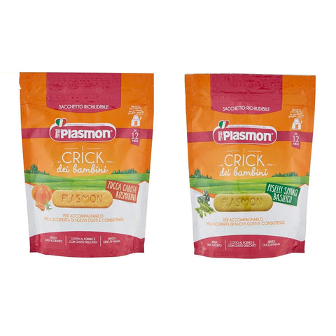 Testpack Plasmon Crick snack di Piselli Spinaci Basilico + Zucca carota e rosmarino 2 x100g