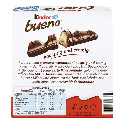 Ferrero Kinder Bueno chocolate bar pack with 10 individual bars 21.5g