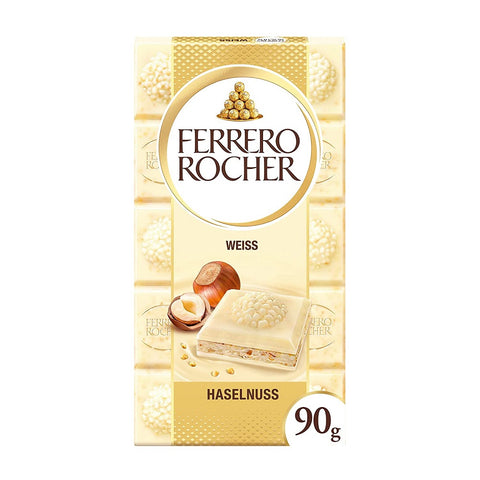 Ferrero Rocher Tafel Weiß - Filled white chocolate with hazelnut cream and hazelnut pieces, 90 g