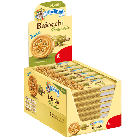 Mulino Bianco Baiocchi al Pistacchio 42 monoporzioni da 3 biscotti with Pistachio 42 single portions of 3 biscuits (42 x 28g)