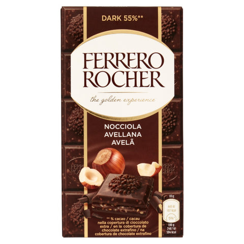 Ferrero Rocher  Ferrero Rocher Dark - tavoletta ricoperta di cioccolato extra 55% con ripieno alla nocciola. bar covered in extra 55% chocolate with hazelnut filling. 90gr