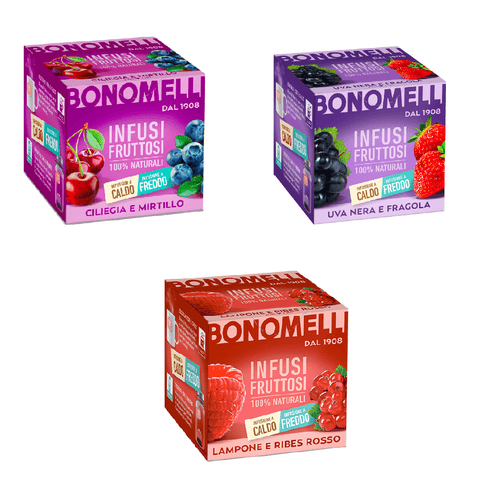 Bonomelli Herbal tea Testpacket Bonomelli Infusi Fruttosi Ciliegia e mirtillo, Lampone e ribes rosso e Uva nera e fragola 3x 10 filters