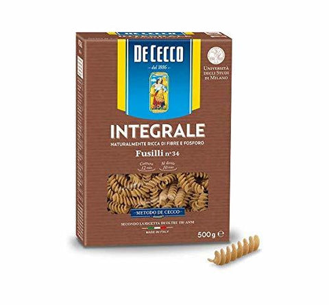 De Cecco Fusilli integrale wholegrain Italian Pasta 500 g - Italian Gourmet UK
