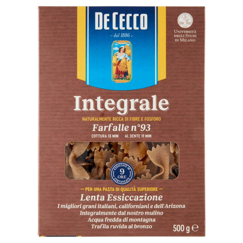 De Cecco Farfalle Pasta integral whole wheat pasta 500g - Italian Gourmet UK