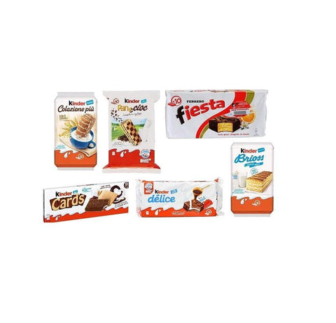 Test Pack Kinder Ferrero 5+1 italian snacks Brioss Colazione più Panecioc Delice Fiesta & Cards - Italian Gourmet UK