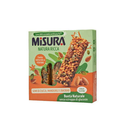 Misura Natura Ricca Snack di cereali con semi di zucca, mandorle e baobab Cereal snack with pumpkin seeds, almonds and baobabs (3x25g) 75g - Italian Gourmet UK
