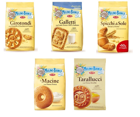 Test package Mulino Bianco Italian biscuits Girotondi Macine Galletti Spicchi di sole Tarallucci 5x350g - Italian Gourmet UK